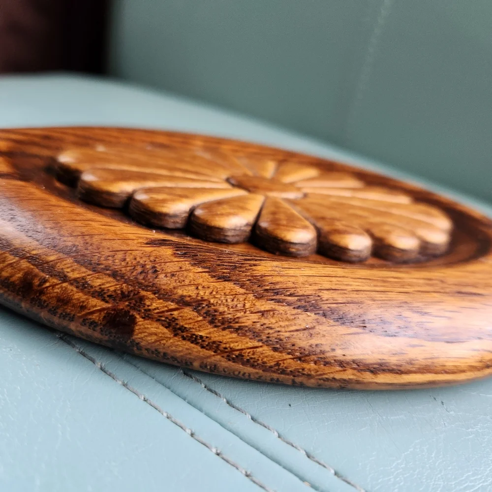 Prairie BEVELED Rich Brown Tiger Wood Oval Handle OOAK Carved Flower Hand Mirror